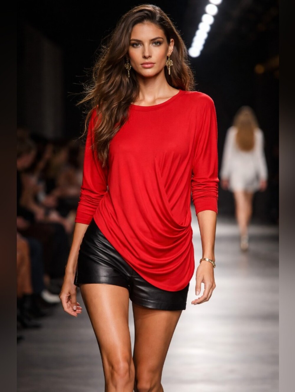Women’s Red Long-Sleeve Draped Side Tee